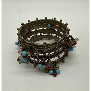 Vintage Boho Gold Tone Faux Turquoise Coral Bangle Bracelet Set Of 4